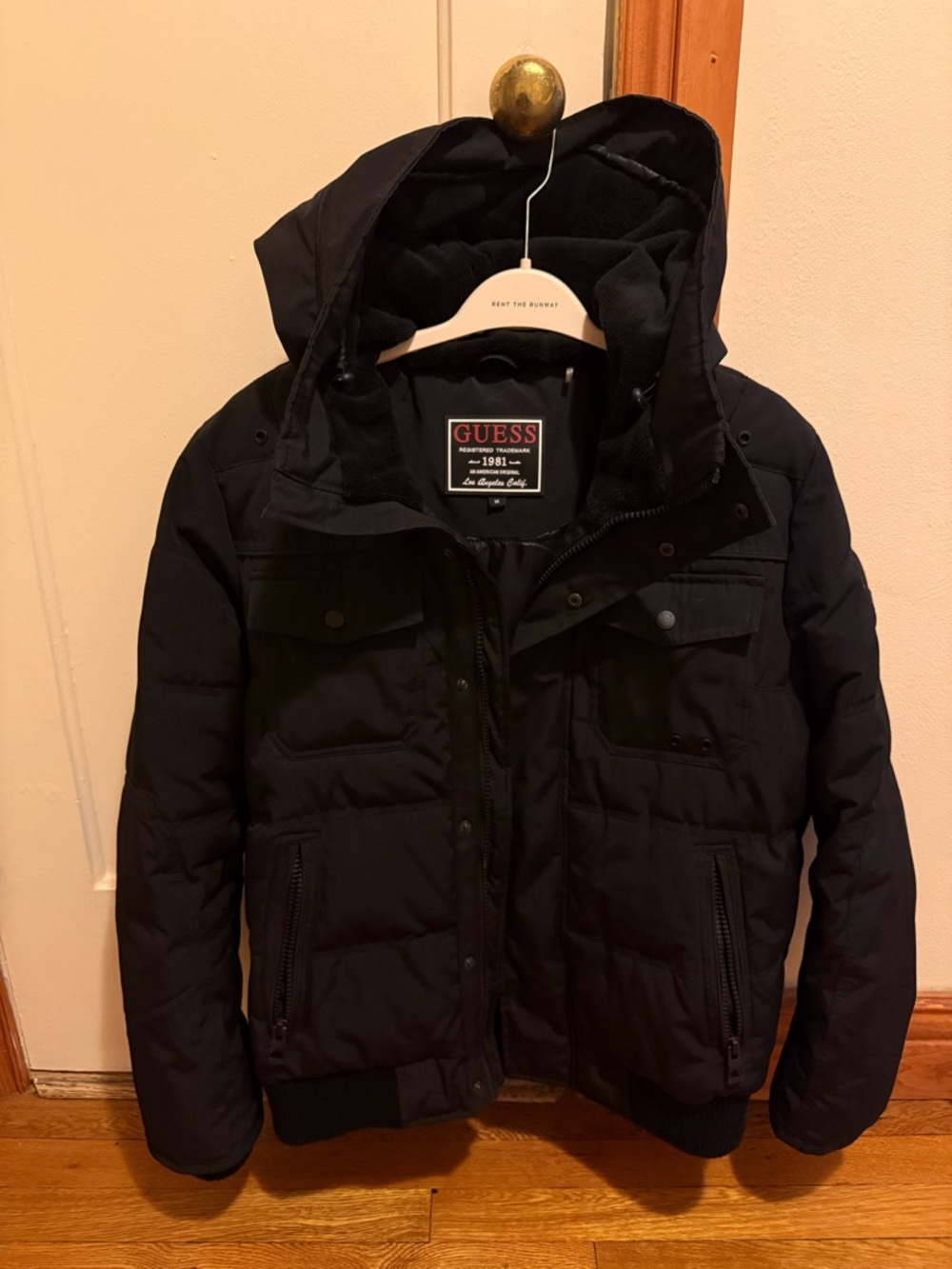GUESS Men’s Black Quilted Puffer Bomber Jacket w/ Hood | Size M